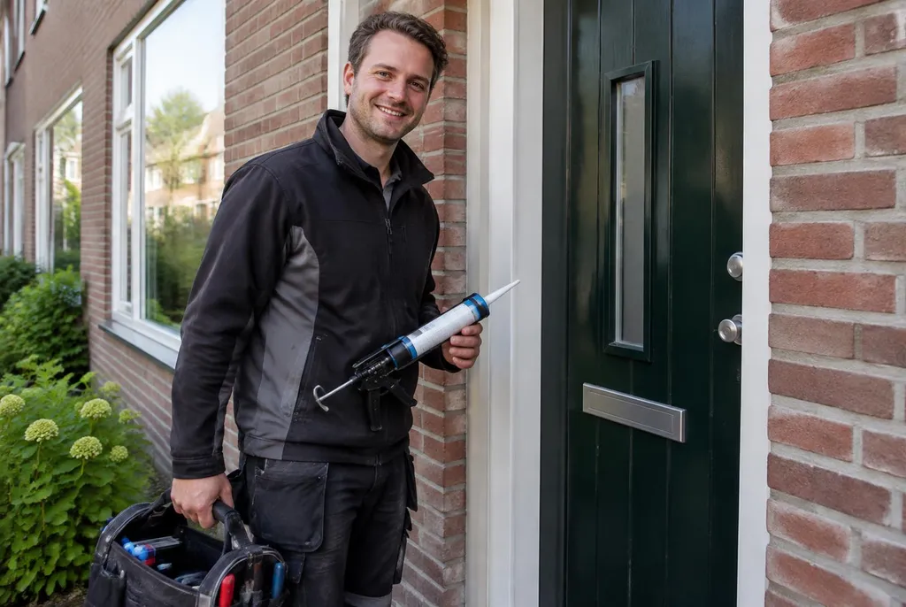 Vakman van Kitbedrijf Biddinghuizen bij de voordeur van een woning